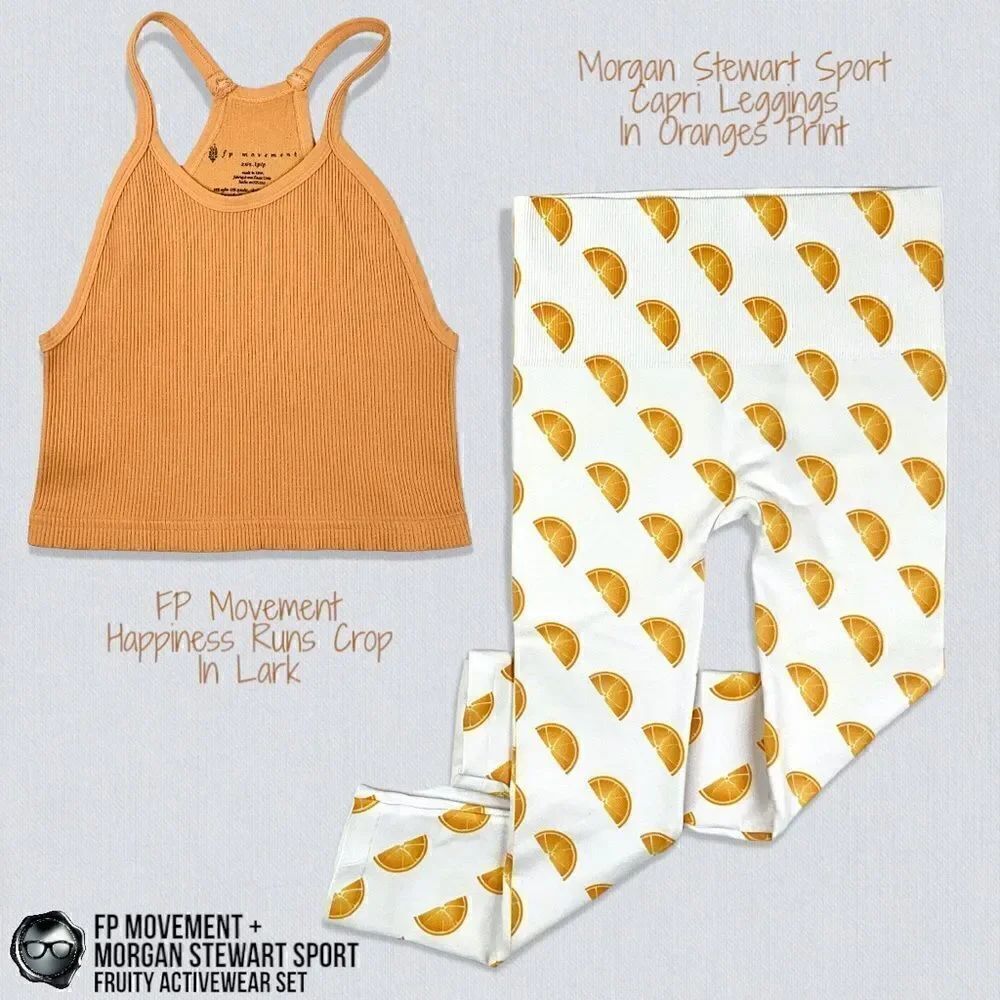 FP MOVEMENT HAPPINESS RUNS CROP LARK + MORGAN STEWART ORANGE SLICE CAPRI LEGGING